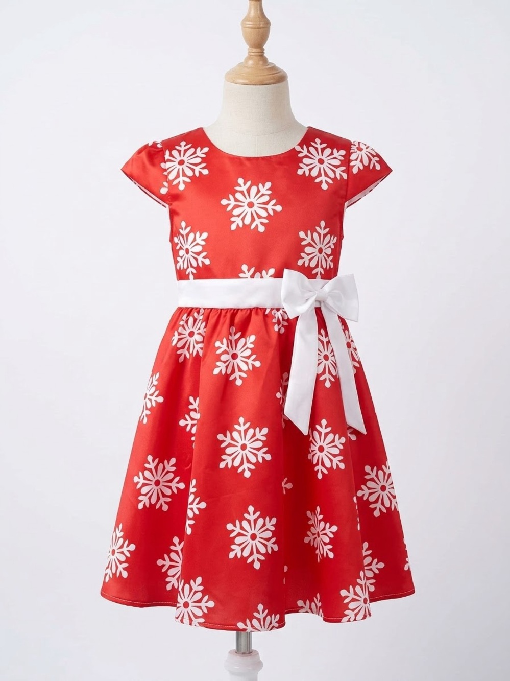 Red Snowflake Print Holiday Dress with White Bow for Girls